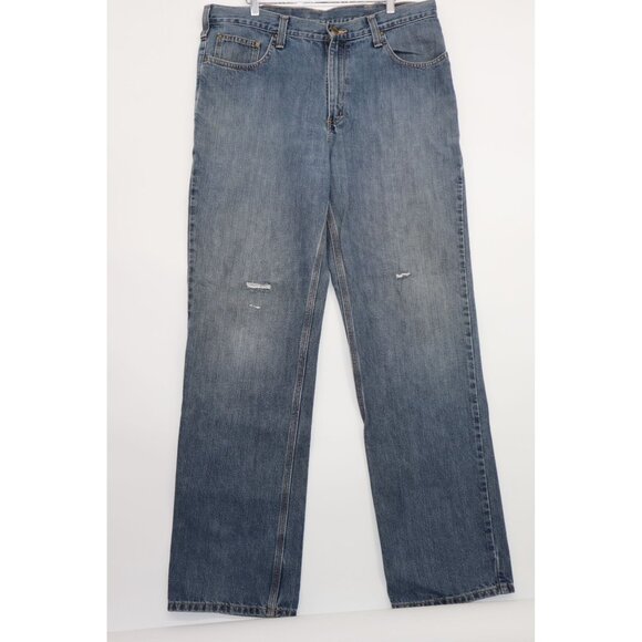 Carhartt Mens Blue Denim Relaxed Fit Jeans With Distressed Details 36W x 34L - Picture 1 of 13